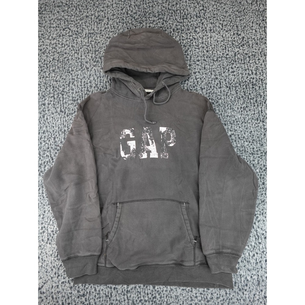 Gap Hoodie Mens Medium Gray Distressed Cracked Logo Pullover Fleece 527395